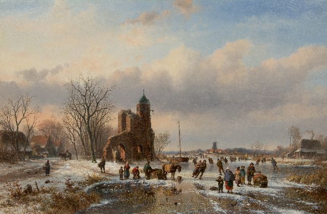 Willem Vester | Skaters on the ice near a castle ruin, oil on canvas, 82.1 x 124.8 cm, signed l.l.