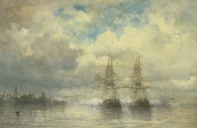 Schaefels H.F.  | Three-masters on the Scheldt near Antwerpen, oil on panel 31.5 x 48.0 cm, signed l.l. and dated 1890