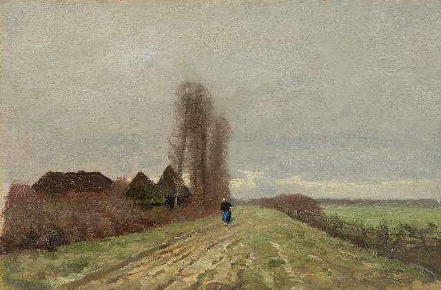Louis Apol | Peasant woman on a country path, oil on canvas laid down on panel, 30.2 x 45.5 cm, signed l.l.
