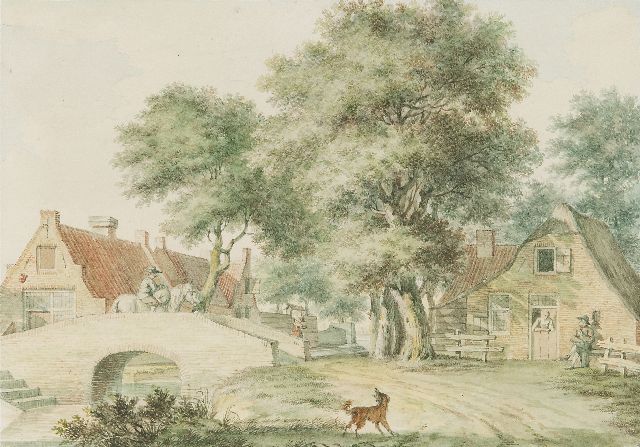 Schmidt I.  | Village view with figures near a stone bridge, watercolour on paper 14.1 x 20.1 cm, signed on the reverse