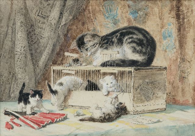 Henriette Ronner | A cat and kittens playing with a birds cage, watercolour on paper, 30.0 x 55.0 cm, signed l.r.