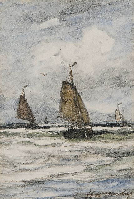 Mesdag H.W.  | Return of the fishing fleet of Scheveningen, in front the SCH-9, brown ink and watercolour on paper 19.5 x 15.5 cm, signed l.r.