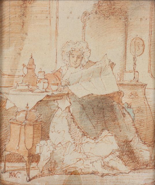 Bakker Korff A.H.  | The morning paper, pen, ink and watercolour on paper 14.3 x 11.5 cm, signed l.l. with monogram