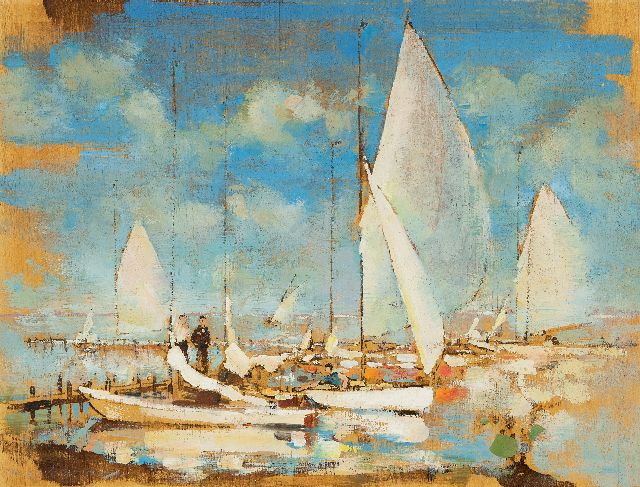 Kruizinga D.  | Sailing boats at a jetty, oil on panel 27.0 x 35.0 cm, signed l.l.
