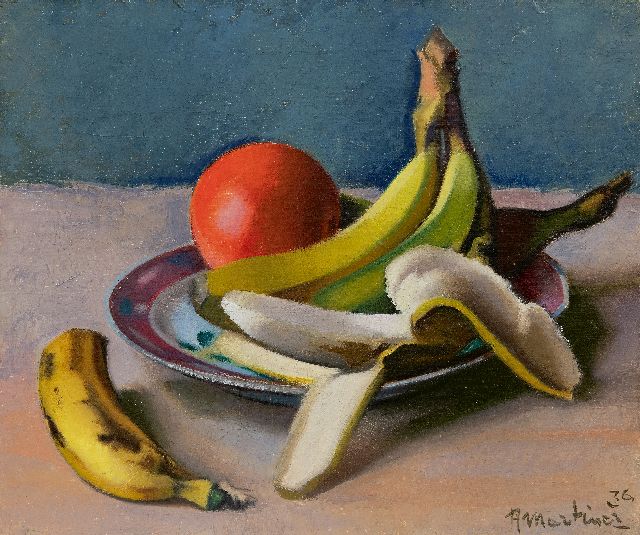 Martinez R.  | Still life with bananas and an orange, oil on canvas 35.3 x 42.3 cm, signed l.r. and dated '36