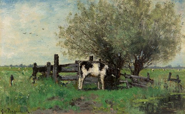 Poggenbeek G.J.H.  | Young cow at a fence in the meadow, oil on panel 14.0 x 22.6 cm, signed l.l.