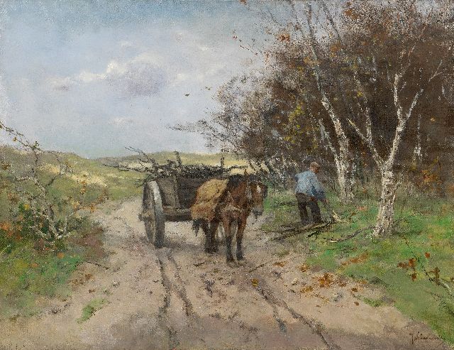 Scherrewitz J.F.C.  | Collecting wood with a horse cart in a dune landscape, oil on canvas 50.0 x 65.5 cm, signed l.r. and zonder lijst