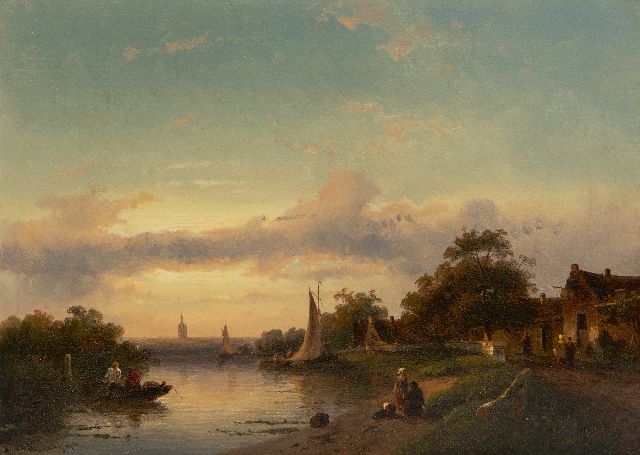 Leickert C.H.J.  | A river scene at sunset, oil on panel 23.0 x 31.6 cm, signed l.l. and dated '54
