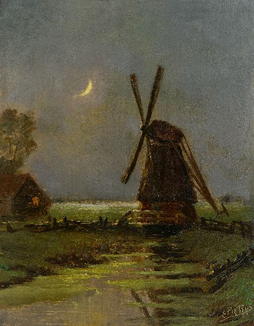 Pieters E.  | Windmill at night, oil on panel 24.6 x 19.0 cm, signed l.r.