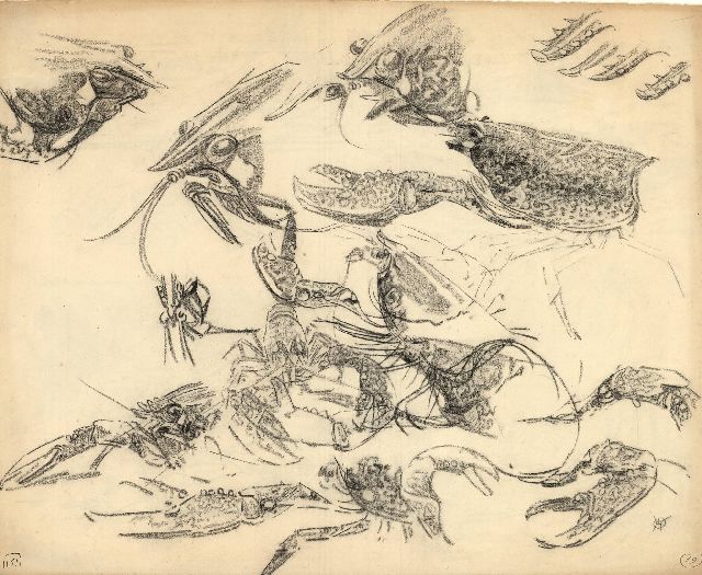 Dijsselhof G.W.  | Study of lobsters and crayfish, black chalk on paper 34.4 x 42.5 cm, signed l.r. with monogram