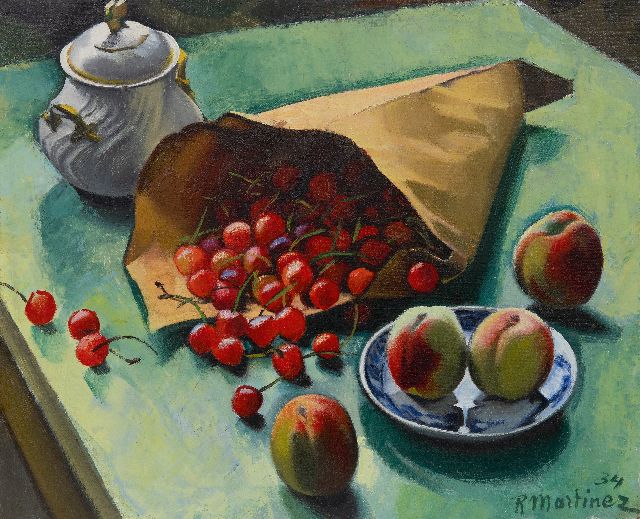 Martinez R.  | Still life with cherries and peaches, oil on canvas 45.2 x 55.3 cm, signed l.r. and dated '34, without frame