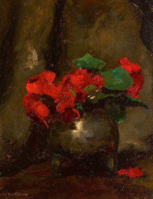 Floris Arntzenius | Red nasturtium in a metal pot, oil on panel, 35.6 x 28.0 cm, signed l.l.