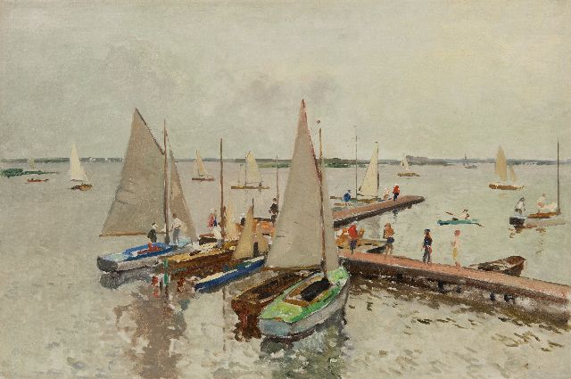 Vreedenburgh C.  | Docked sailing boats at the Loosdrechtse Plassen, oil on canvas 59.0 x 89.0 cm, signed l.r. (remains) and painted ca. 1937