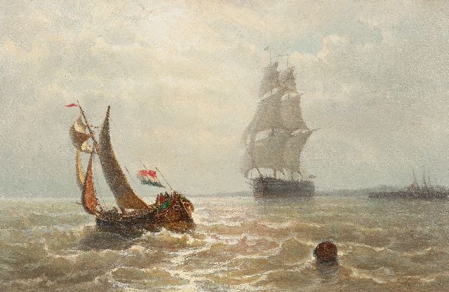 Hoffmann G.J.  | Leaving the harbour in a strong breeze, oil on panel 32.7 x 49.9 cm, signed l.r.