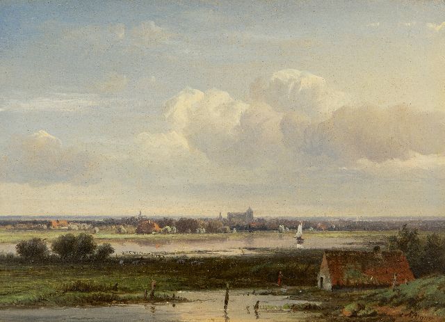 Kluyver P.L.F.  | Vast river landscape with a village in the distance, oil on panel 13.6 x 18.4 cm, signed l.r.