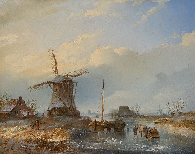 Hilverdink J.  | A cold winter´s day with figures on the ice near a windmill, oil on canvas 40.0 x 50.5 cm, signed l.l. and dated 1842
