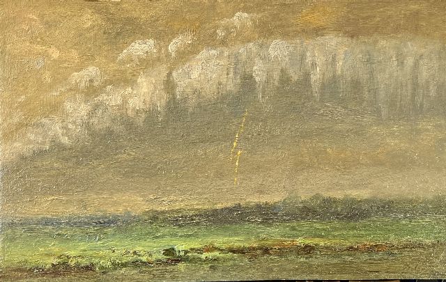 Europese School, 19e eeuw   | Thunderstorm over a landscape, oil on painter's board 20.4 x 31.8 cm, signed l.r. (indistinct) and without frame