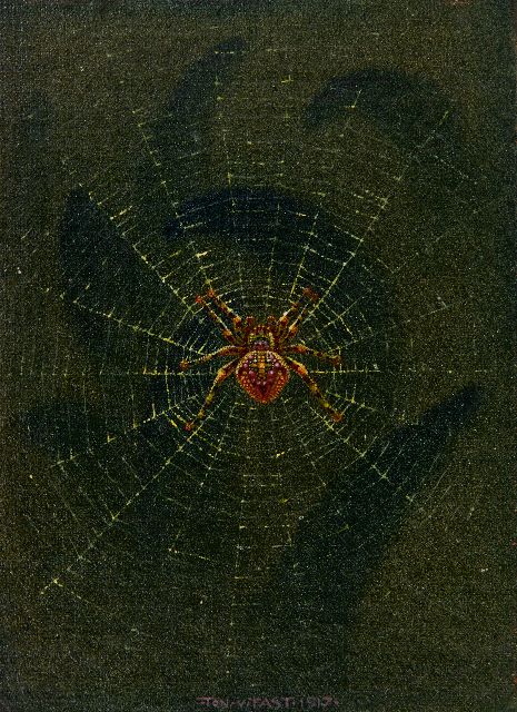 Tast (Anton van der Valk)  van | Spider in a web, oil on canvas laid down on panel 17.5 x 13.0 cm, signed l.m. and dated 1917