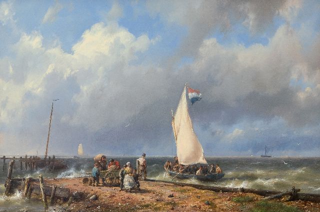 Koekkoek H.  | A Dutch sailing boat setting sail near a harbour entrance, oil on canvas 32.1 x 46.9 cm, signed l.r. and VERKOCHT