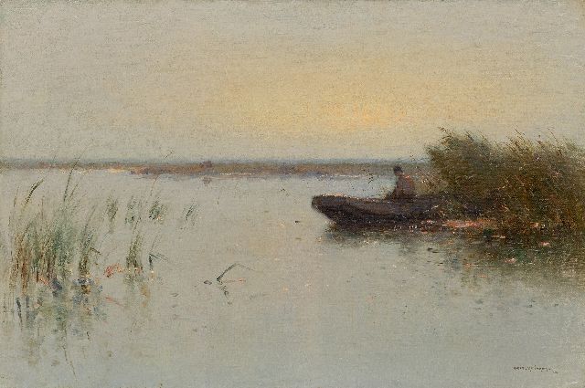 Aris Knikker | Polder landscape with a fisherman in a barge, oil on canvas, 40.2 x 60.2 cm, signed l.r.