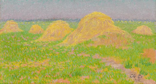 Breman A.J.  | Haystacks, oil on canvas 20.2 x 36.5 cm, signed l.r. with initials and dated 1901