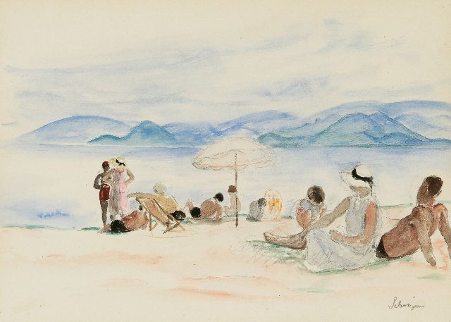 Henri Lebasque | Op het strand van Cannes, potlood en aquarel op papier, 25,0 x 34,5 cm, gesigneerd r.o. en te dateren ca. 1930