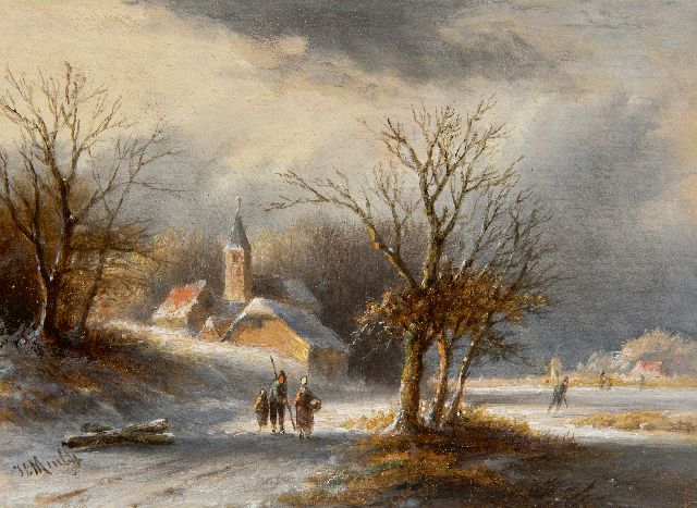 Jan Evert Morel II | Snowy landscape with skaters and hikers, oil on panel, 16.0 x 21.5 cm, signed l.l.