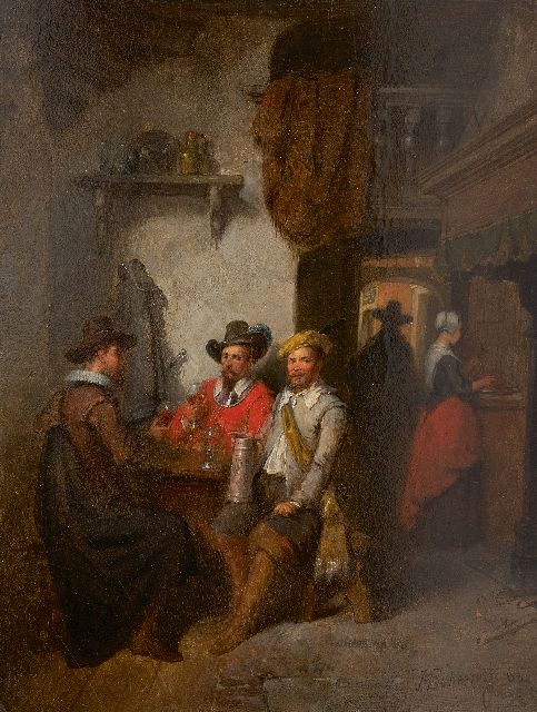 Hendricus Johannes Scheeres | Drinkend gezelschap in een herberg, olieverf op paneel, 23,0 x 18,2 cm, gesigneerd r.o. en gedateerd '63