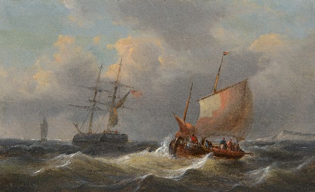 Opdenhoff G.W.  | Sailing ships on rough seas, oil on panel 14.6 x 23.4 cm, signed l.l.