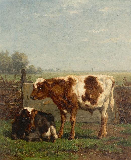 Haas J.H.L. de | Two young cows by a fence, oil on panel 43.1 x 35.3 cm, signed l.r. and dated '70