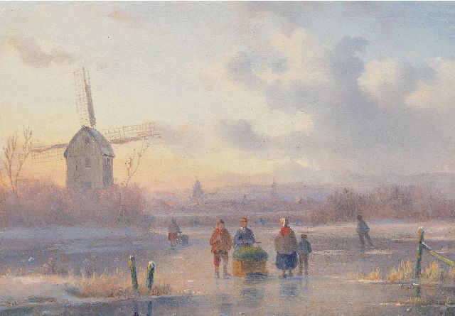 Carl Eduard Ahrendts | Figures on a frozen river at sunset, oil on panel, 14.7 x 21.0 cm, zonder lijst