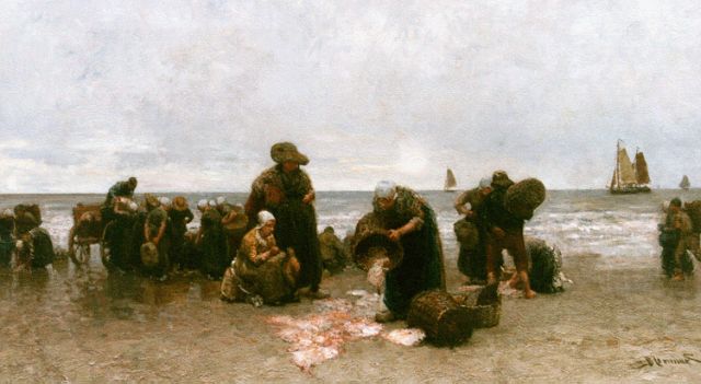 Bernard Blommers | Sorting the catch, Katwijk, oil on canvas, 72.2 x 122.5 cm, signed l.r.