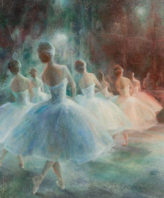 Vrbová-Štefková M.  | Ballerina's op het toneel, olieverf op board 72,4 x 60,1 cm, gesigneerd r.o.