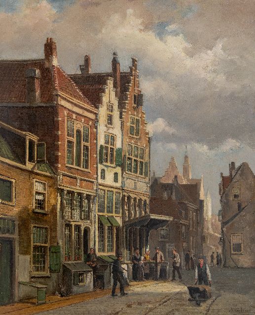 Willem Koekkoek | Hollands straatje met figuren, olieverf op doek, 58,5 x 47,6 cm, gesigneerd r.o. en te dateren ca. 1850