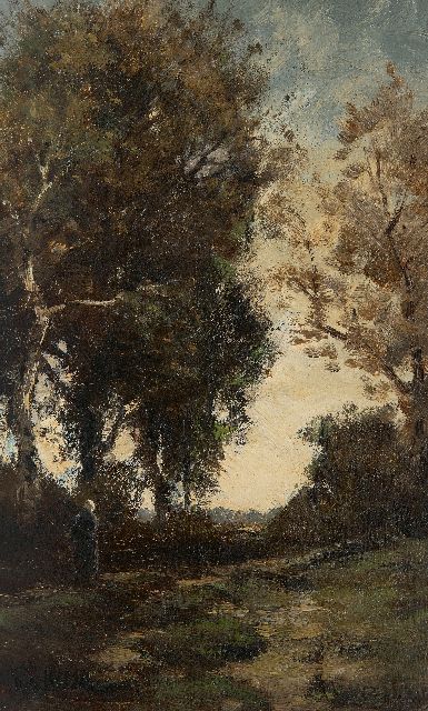 Bock T.E.A. de | Peasant woman on a wooded path, oil on panel 32.9 x 20.5 cm, signed l.l.