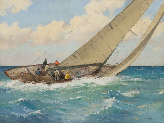 Ligtelijn E.J.  | Sailing yacht in a regatta, oil on canvas 60.2 x 79.6 cm, signed l.r.