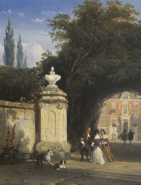 Springer C.  | An elegant company at the gate of Nederhorst castle, oil on panel 25.6 x 20.1 cm, signed l.l. with monogram and dated '48