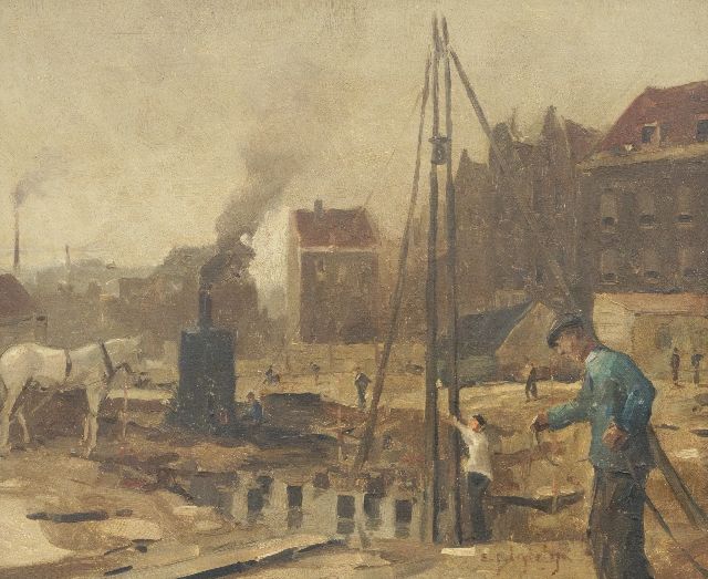 Ligtelijn E.J.  | Construction site in Amsterdam, oil on panel 39.8 x 47.9 cm, signed l.r.