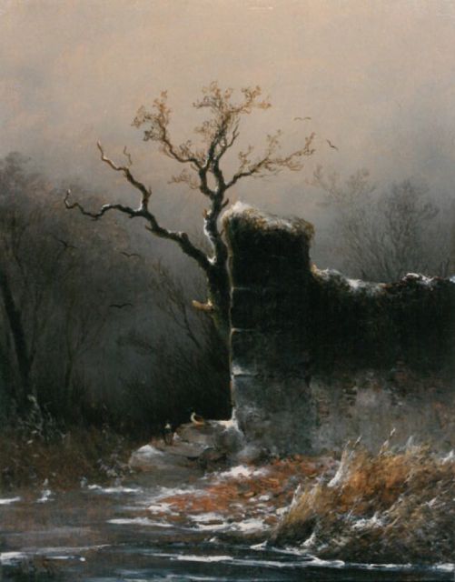 Hoppenbrouwers J.F.  | Winterlandschap met ruine, oil on panel 27.3 x 21.5 cm, gesigneerd l.o. mon