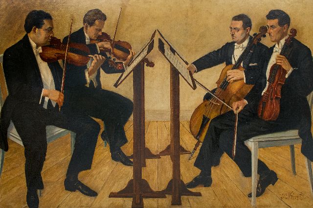 Vrint G.C.  | The Hague String Quartet with Sam Swaap, Adolf Poth, Charles van Isterdaal and Jean Devert, oil on canvas 141.0 x 210.0 cm, signed l.r.