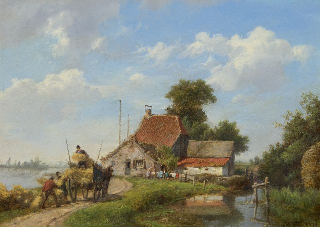 Koekkoek H.  | Loading the haycart at a farm, oil on panel 20.0 x 27.9 cm, signed l.r. and VERKOCHT