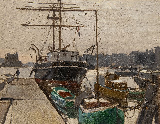 Vreedenburgh C.  | Moored ships in the port, oil on canvas 36.2 x 46.3 cm, without frame