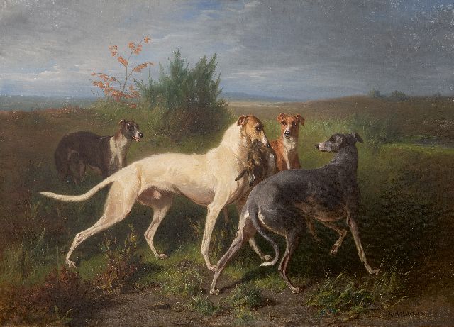 Cunaeus C.  | Hunting dogs with a prey, oil on canvas 65.2 x 90.2 cm, signed l.r.