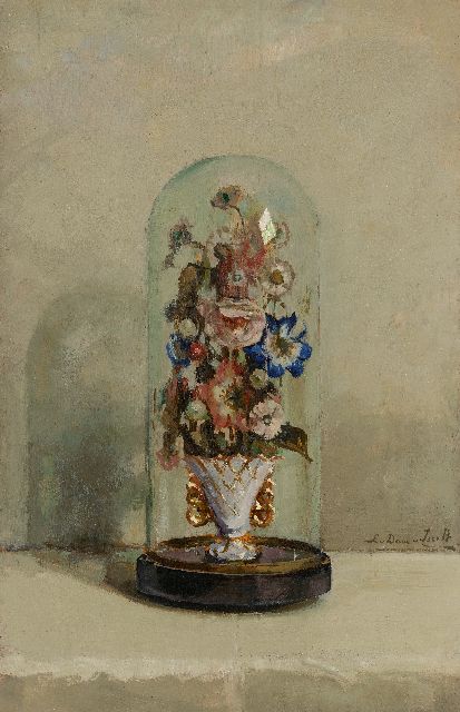 Dam van Isselt L. van | Flowers under a glass bell jar, oil on panel 59.9 x 38.8 cm, signed l.r. and without frame