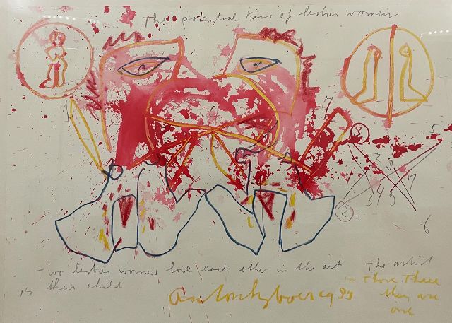 Heyboer A.  | The potential kiss of lesbian women, pencil, chalk and watercolour on paper 78.4 x 107.5 cm, signed l.c. and dated 1989, without frame