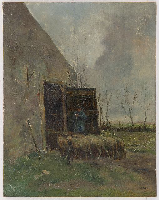 Anton Mauve | Sheep and shepherd at the barn, oil on panel, 46.1 x 36.2 cm, signed l.r. and without frame