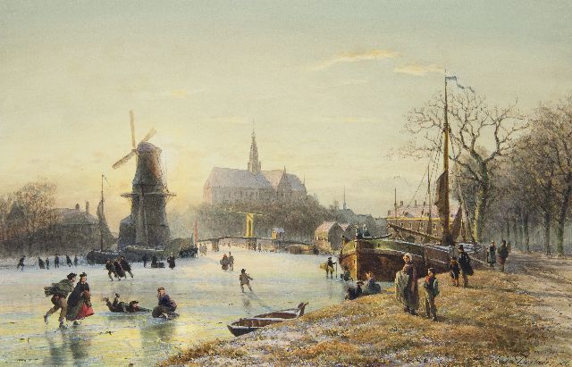 Destrée J.J.  | Skating on the Spaarne with the windmill De Adriaan and the St. Bavokerk, Haarlem, watercolour on paper 36.5 x 56.6 cm, signed l.r.