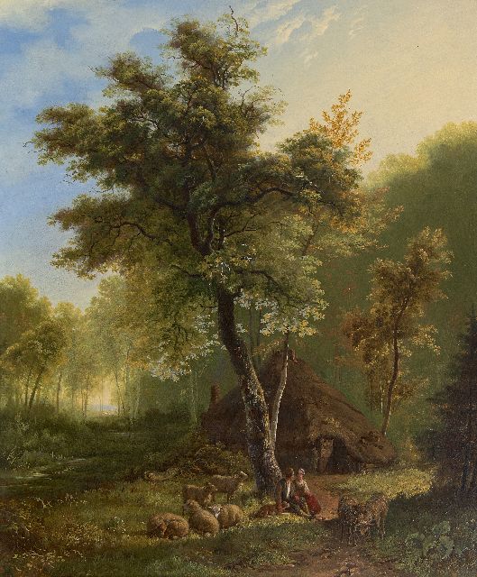 Bodeman W.  | Hirtenpaar mit Schafen an einer Hütte, oil on panel 58.6 x 49.0 cm, signed l.c. and dated 1856