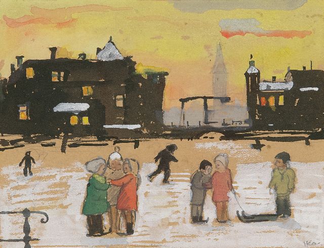 Kamerlingh Onnes H.H.  | Children on the ice, pencil and watercolour on paper 10.5 x 13.6 cm, signed l.r. with monogram and dated '3 Jan 58'