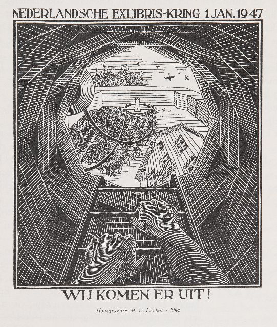 Escher M.C.  | Wij komen er uit! Memorial book of the Dutch Exlibris-Kring, 1947 with wooden engraving, wooden engraving 12.0 x 10.0 cm